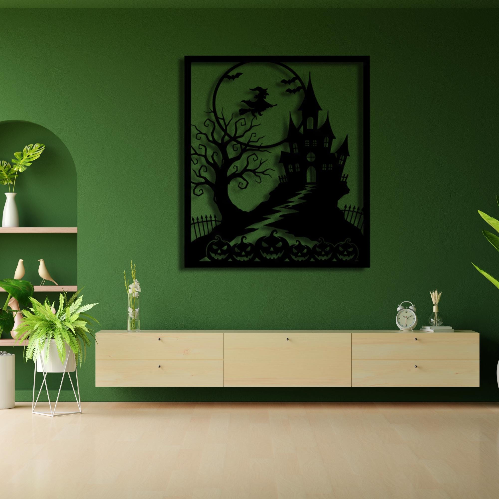Halloween Metal Wall Art: Witch, Haunted House, Pumpkin & Bats