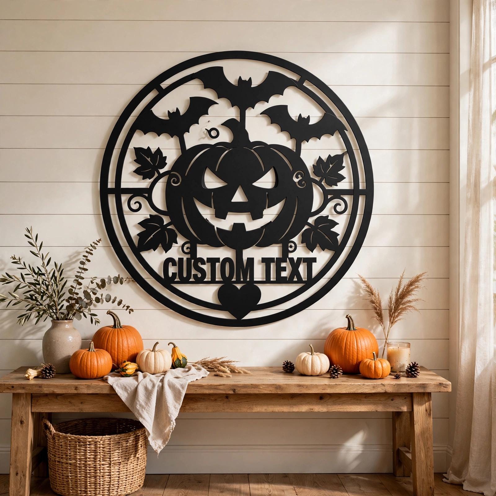Personalized Halloween Metal Sign, Custom Name Jack O Lantern Bats Wall Art, Round Spooky Door Decor, Pumpkin Fall Porch Sign Gift