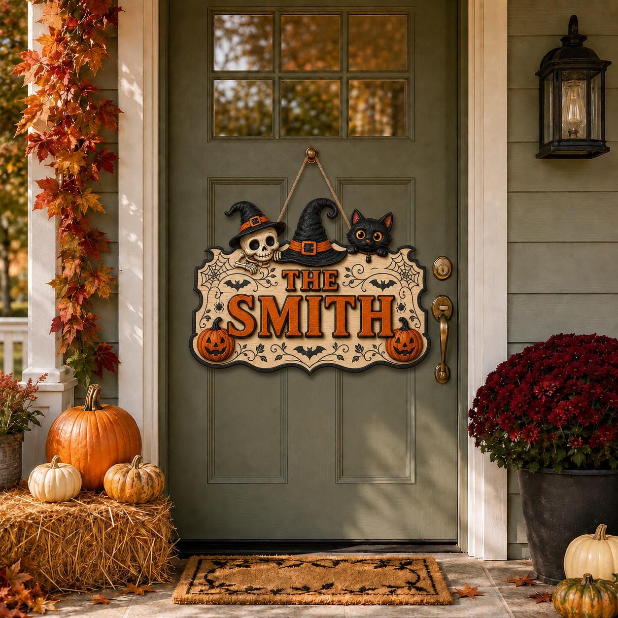 Personalized Halloween Door Sign, Custom Halloween Hanging Decorations, Custom Spooky Hanging Plaque with Black Cat, Skeleton & Pumpkins