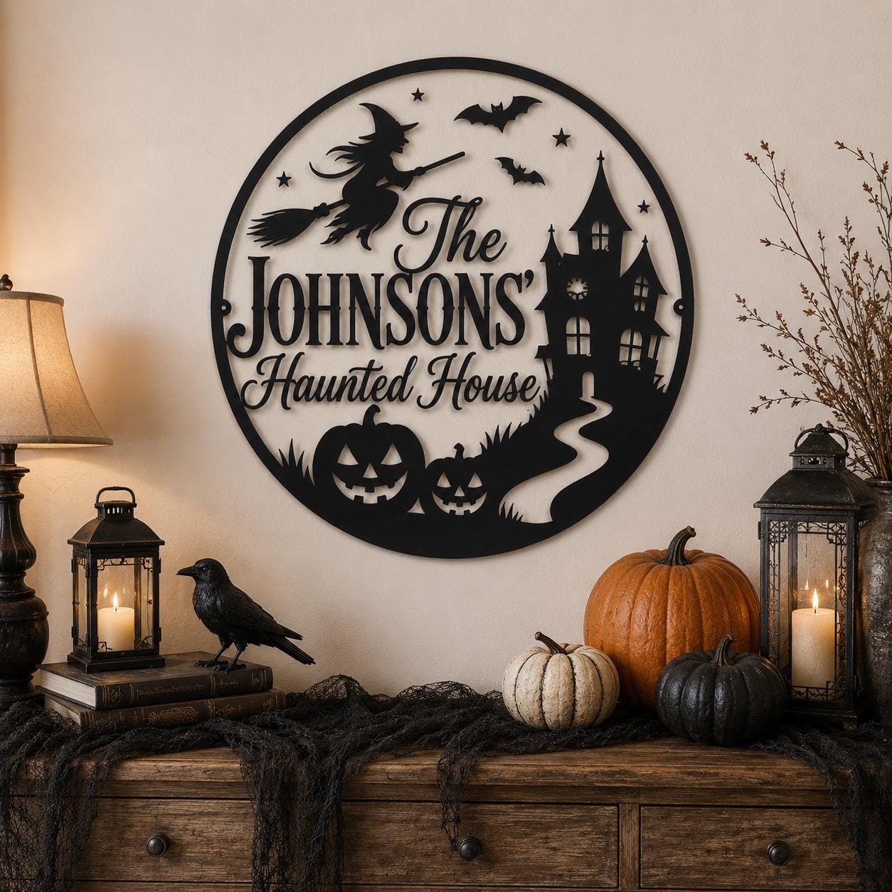Personalized Haunted House Metal Sign, Custom Family Halloween Wall Decor, Witch Pumpkin Porch Sign, Spooky Round Metal Art