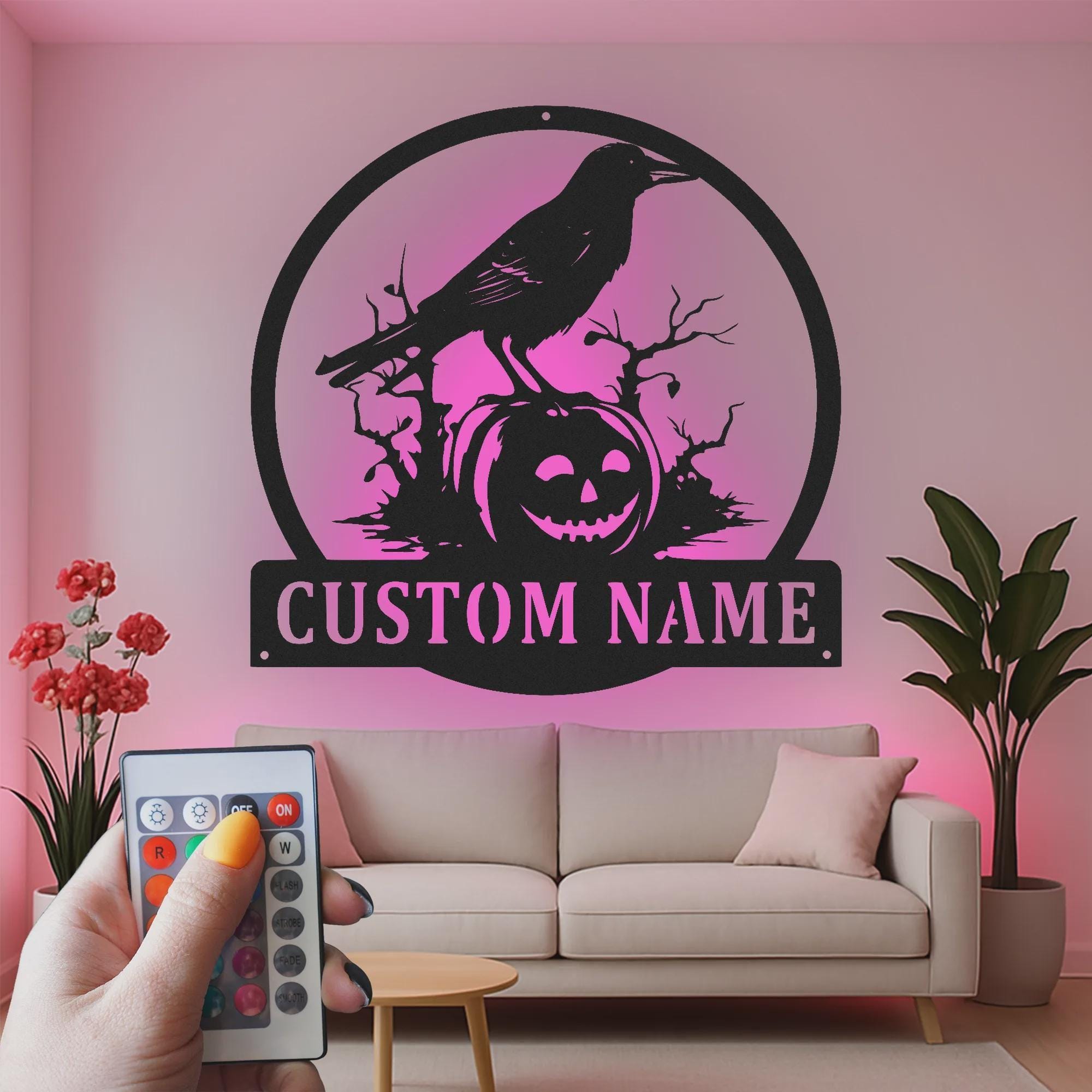 Custom Halloween Crow Pumpkin Metal Wall Art with LED Lights | Spooky Decor