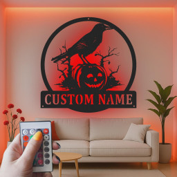 Custom Halloween Crow Pumpkin Metal Wall Art with LED Lights | Spooky Decor