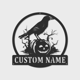 Custom Halloween Crow Pumpkin Metal Wall Art with LED Lights | Spooky Decor