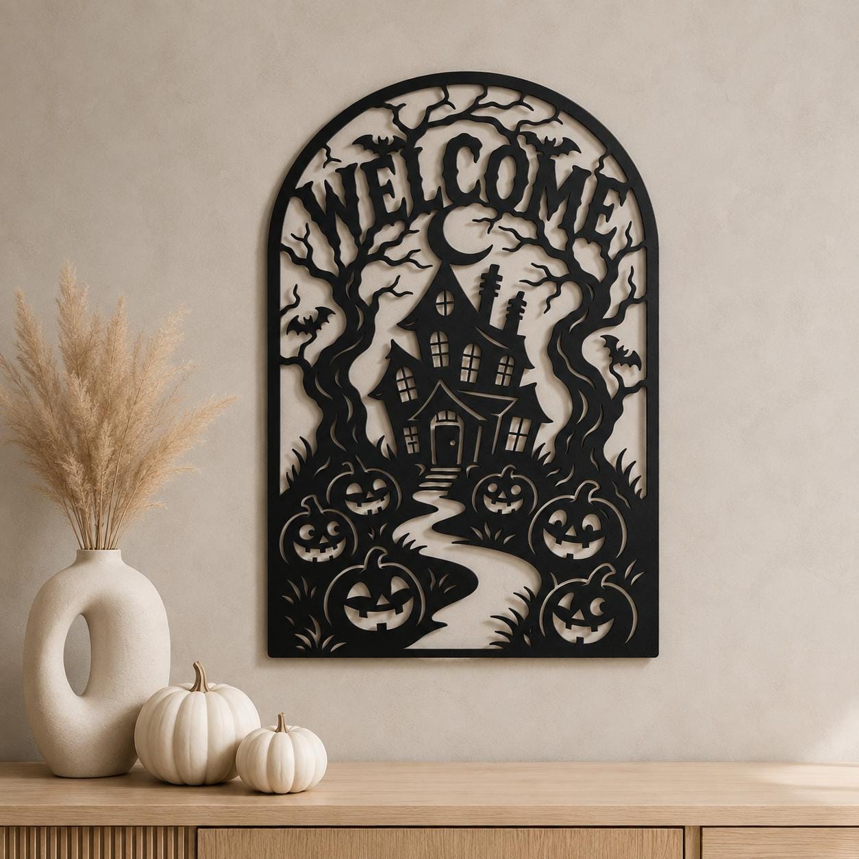 Haunted House Welcome Sign Laser SVG | Halloween DXF | Pumpkin Metal Art | Spooky Porch Decor | CNC Plasma Cut File
