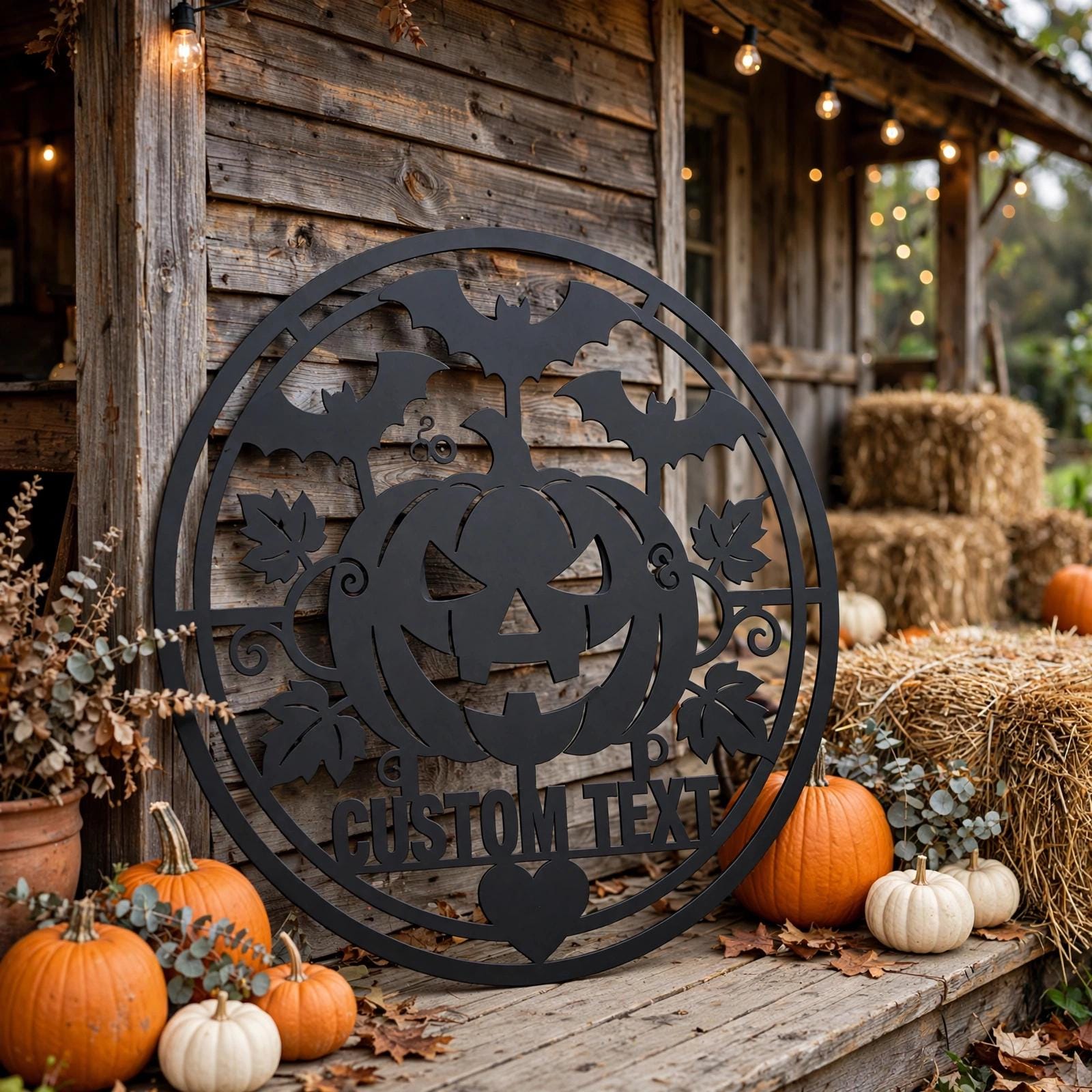 Personalized Halloween Metal Sign, Custom Name Jack O Lantern Bats Wall Art, Round Spooky Door Decor, Pumpkin Fall Porch Sign Gift