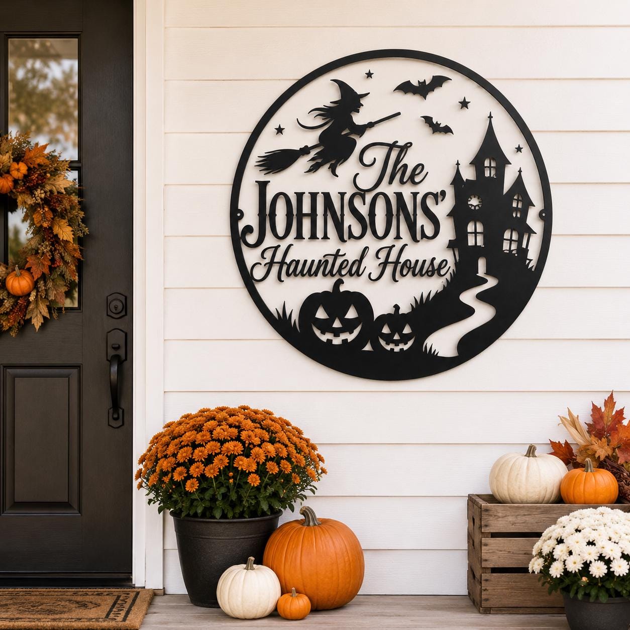 Personalized Haunted House Metal Sign, Custom Family Halloween Wall Decor, Witch Pumpkin Porch Sign, Spooky Round Metal Art
