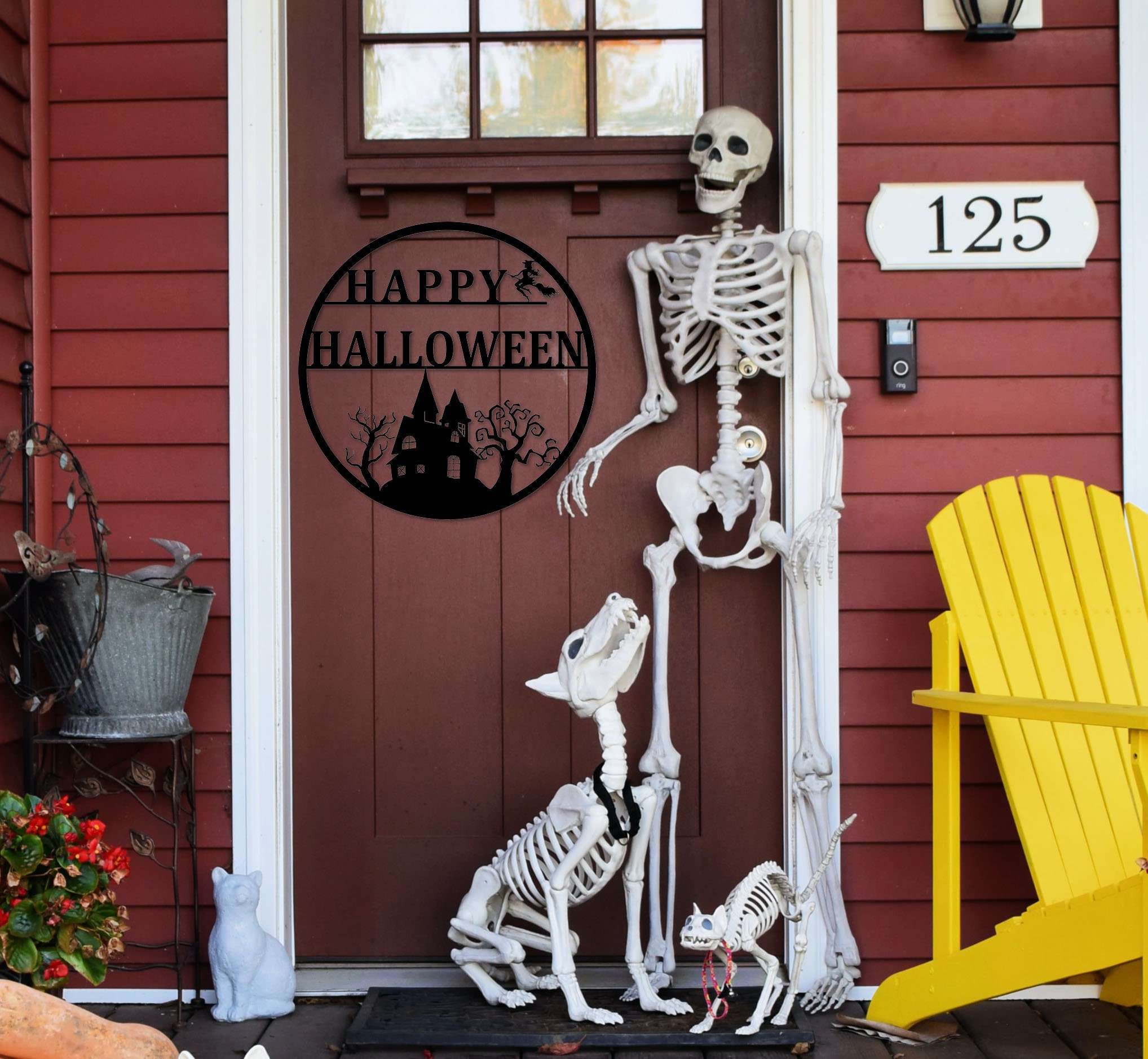 Custom Happy Halloween Sign,Witch Flying on a Broomstick Metal Sign,Halloween Gift,Halloween Decor,Haunted House Decor,Halloween Party Decor