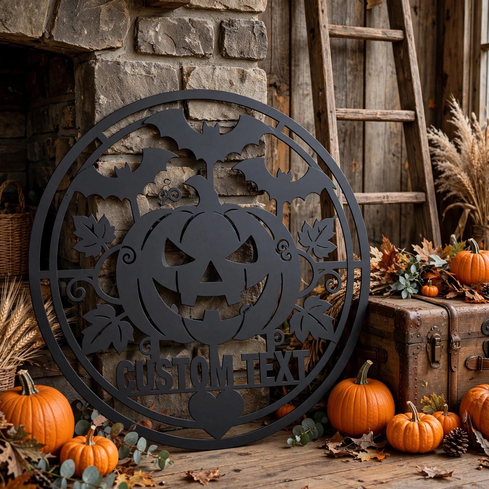Personalized Halloween Metal Sign, Custom Name Jack O Lantern Bats Wall Art, Round Spooky Door Decor, Pumpkin Fall Porch Sign Gift