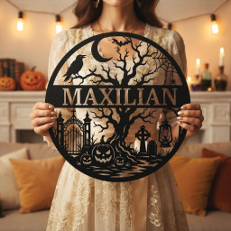 Custom LED Metal Sign, Personalized Halloween Name Decor, Spooky Cemetery Wall Art, Glowing Pumpkin Plaque, Gothic Family Gift