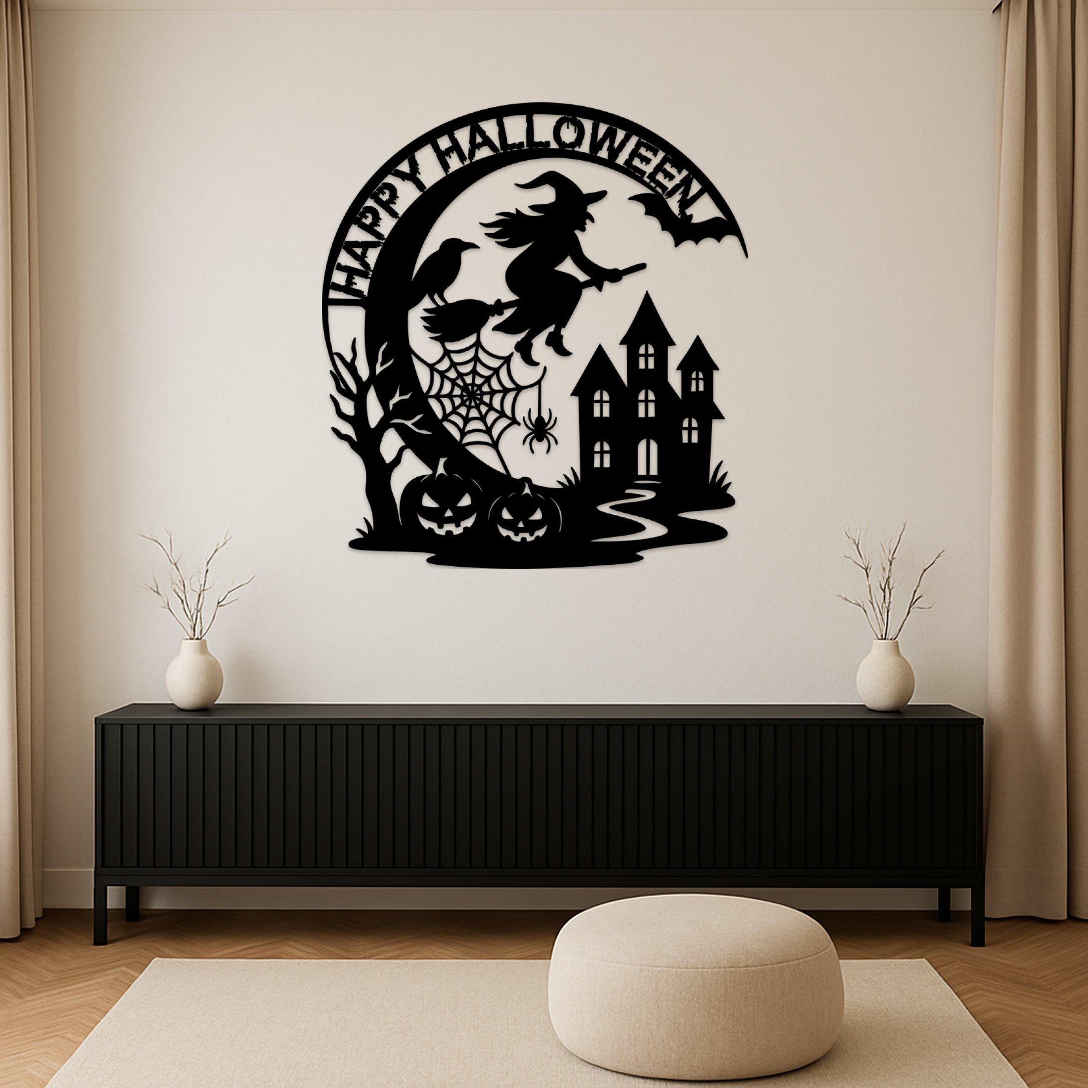 Custom Halloween Metal Wall Art, Haunted House Decor, Personalized Flying Witch Sign, Halloween Spider Art, Spooky Home Sign, Halloween Gift