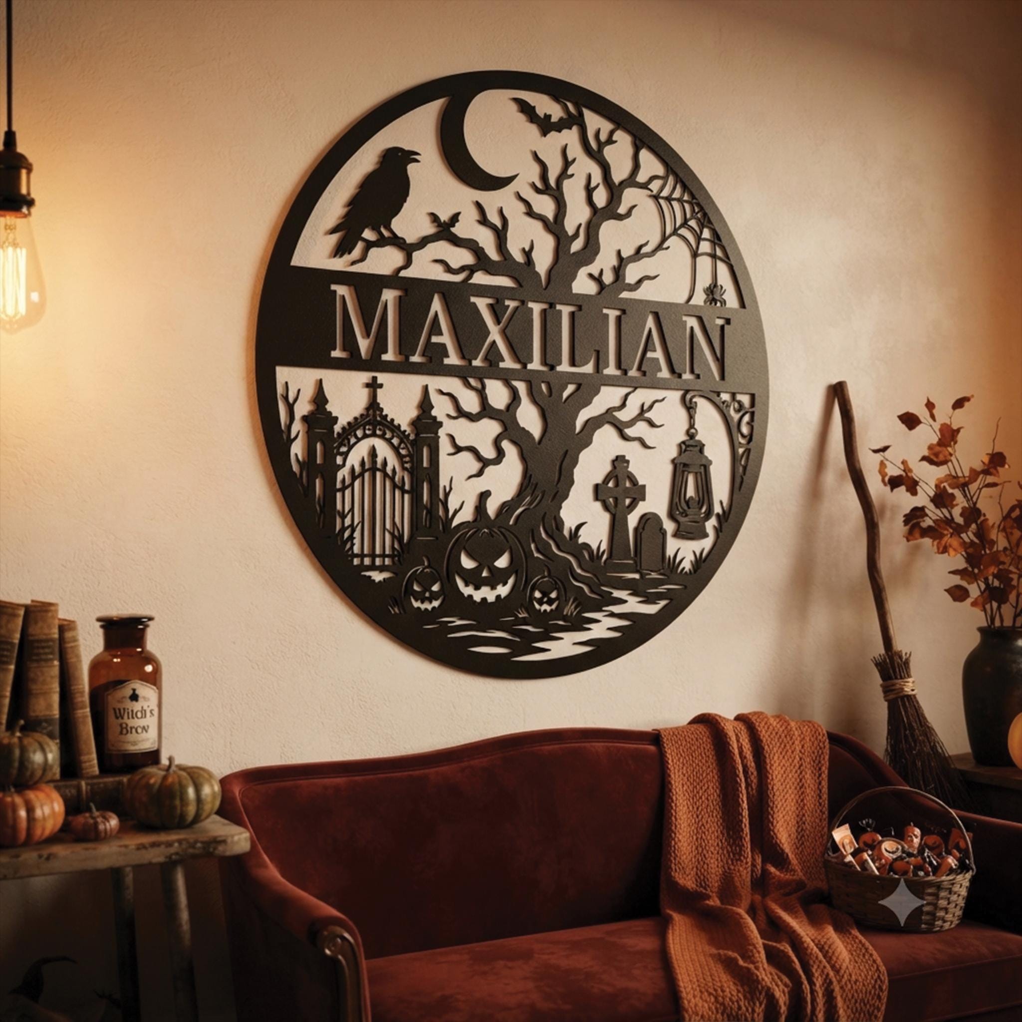 Custom LED Metal Sign, Personalized Halloween Name Decor, Spooky Cemetery Wall Art, Glowing Pumpkin Plaque, Gothic Family Gift