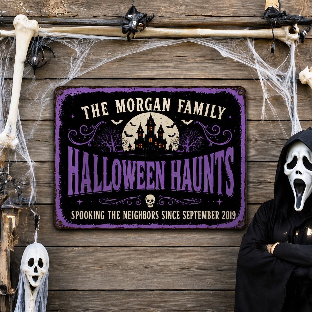 Personalized Halloween Metal Sign, Custom Family Name Haunted House Plaque, Vintage Garden Wall Decor, Gothic Halloween Home Gift