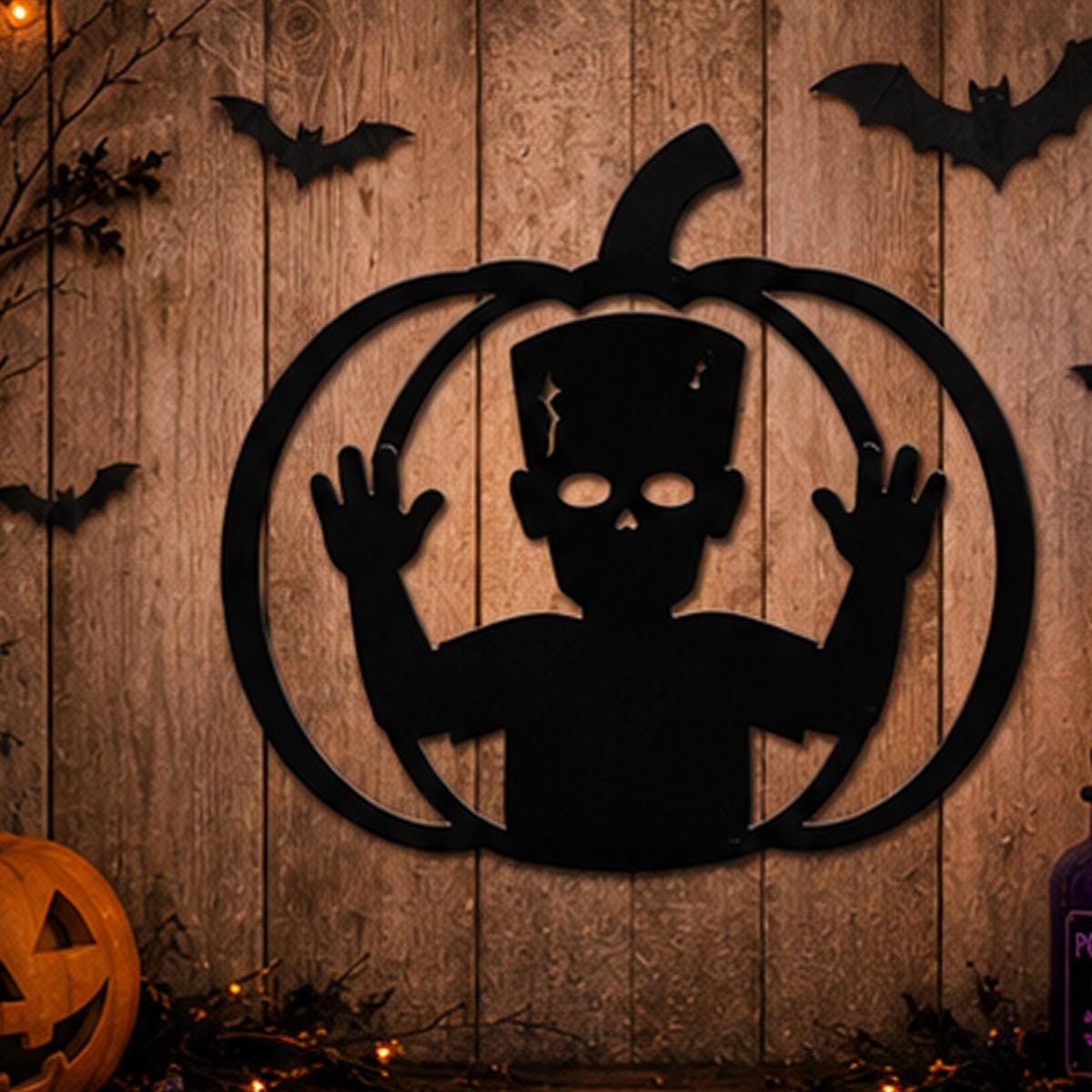 Halloween Metal Sign, Skeleton Pumpkin Wall Decor, Spooky Halloween Home Decoration, Gothic Pumpkin Sign, Halloween Party Decor