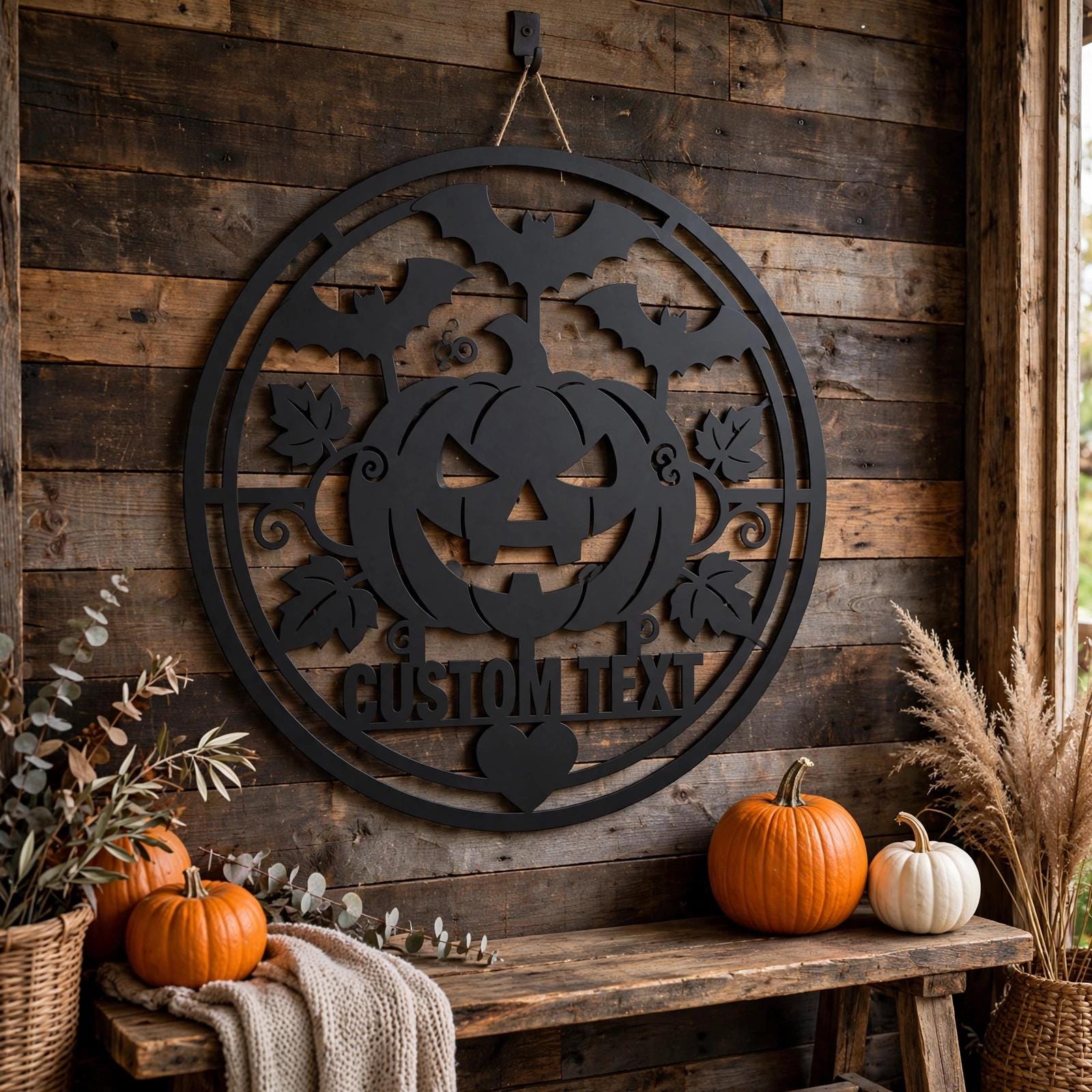 Personalized Halloween Metal Sign, Custom Name Jack O Lantern Bats Wall Art, Round Spooky Door Decor, Pumpkin Fall Porch Sign Gift