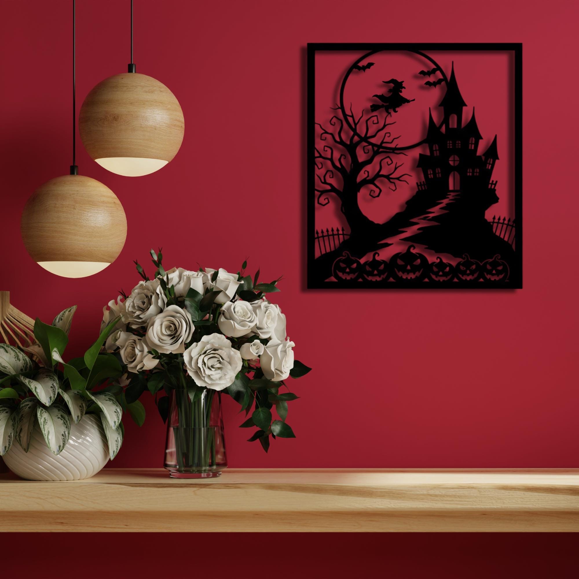 Halloween Metal Wall Art: Witch, Haunted House, Pumpkin & Bats