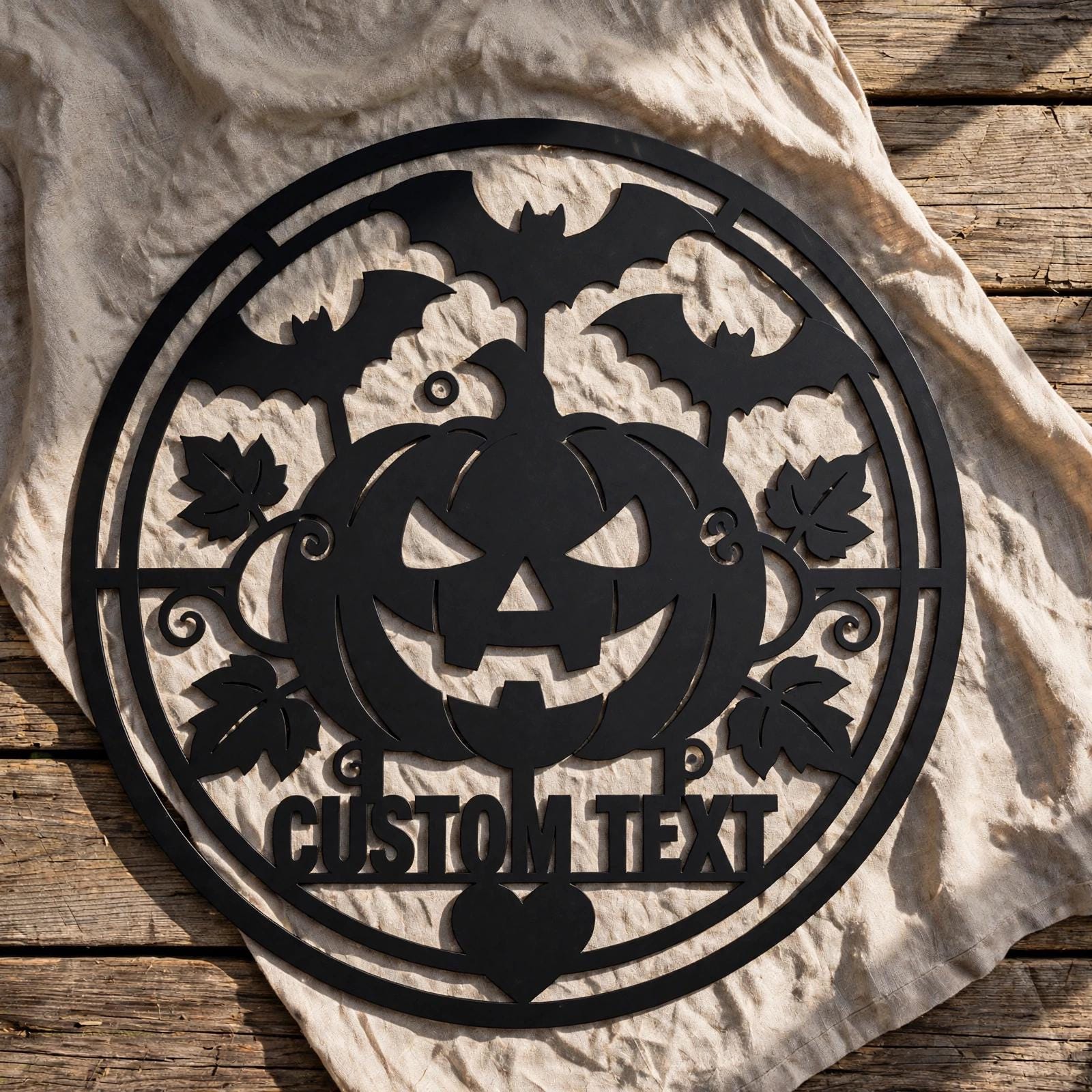 Personalized Halloween Metal Sign, Custom Name Jack O Lantern Bats Wall Art, Round Spooky Door Decor, Pumpkin Fall Porch Sign Gift