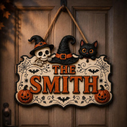 Personalized Halloween Door Sign, Custom Halloween Hanging Decorations, Custom Spooky Hanging Plaque with Black Cat, Skeleton & Pumpkins
