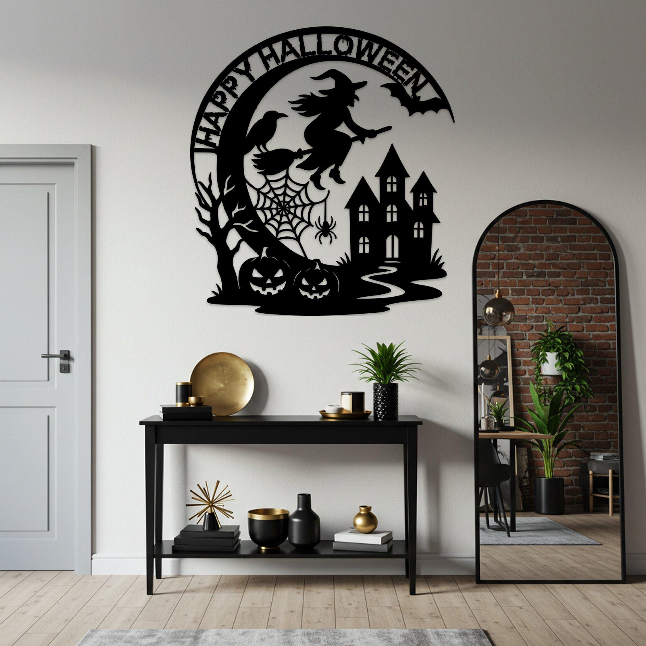 Custom Halloween Metal Wall Art, Haunted House Decor, Personalized Flying Witch Sign, Halloween Spider Art, Spooky Home Sign, Halloween Gift