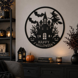 Halloween Metal Wall Art, Haunted House Decor, Witch and Bat Metal Sign, Spooky Castle Wall Decor, Halloween Home Decoration