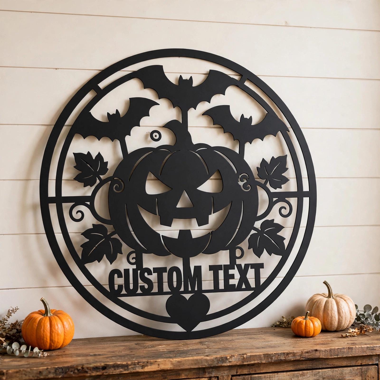 Personalized Halloween Metal Sign, Custom Name Jack O Lantern Bats Wall Art, Round Spooky Door Decor, Pumpkin Fall Porch Sign Gift