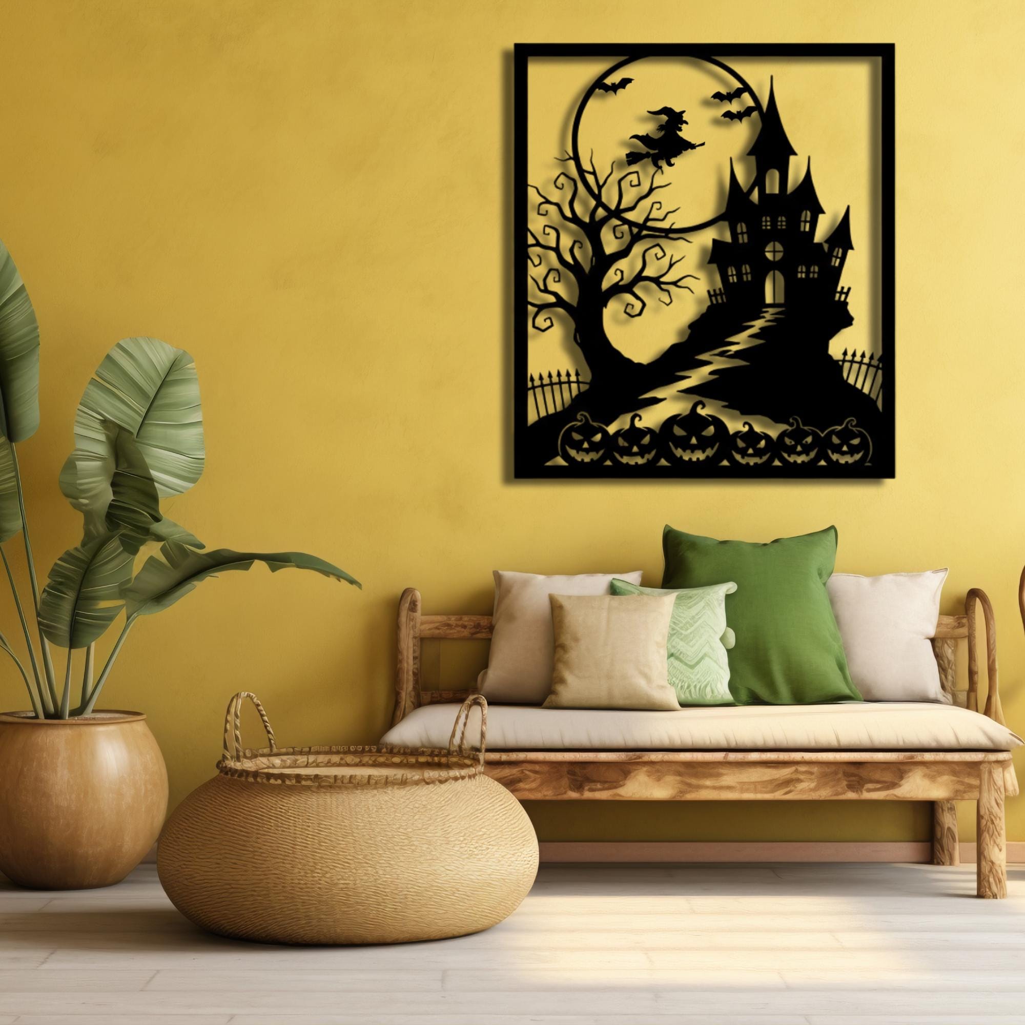 Halloween Metal Wall Art: Witch, Haunted House, Pumpkin & Bats