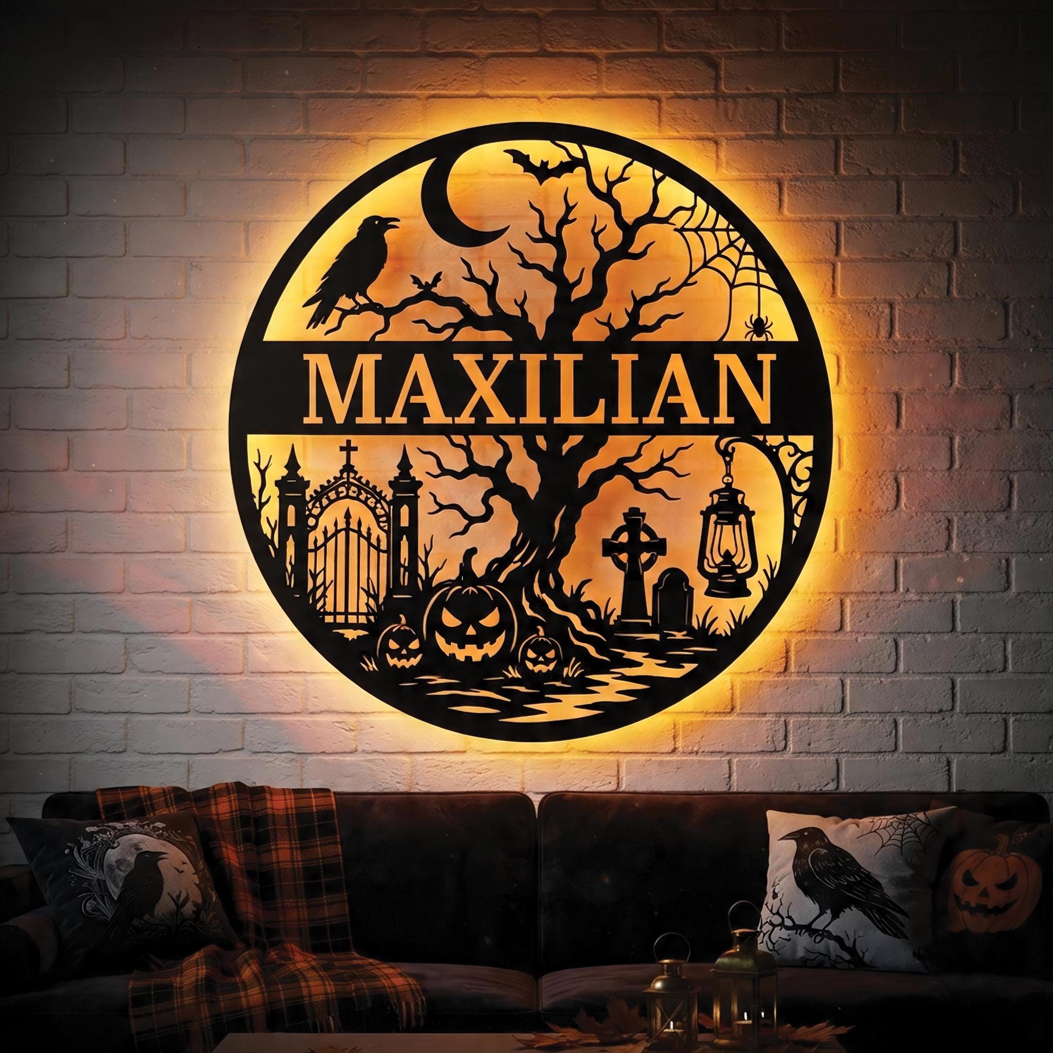 Custom LED Metal Sign, Personalized Halloween Name Decor, Spooky Cemetery Wall Art, Glowing Pumpkin Plaque, Gothic Family Gift