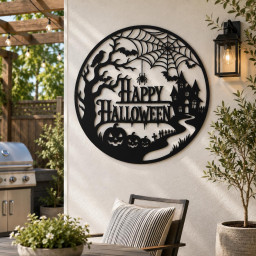 Halloween Door Sign, Metal Halloween Wall Art, Haunted House Decor, Pumpkin Wall Hanging, Gothic Halloween Porch Decor