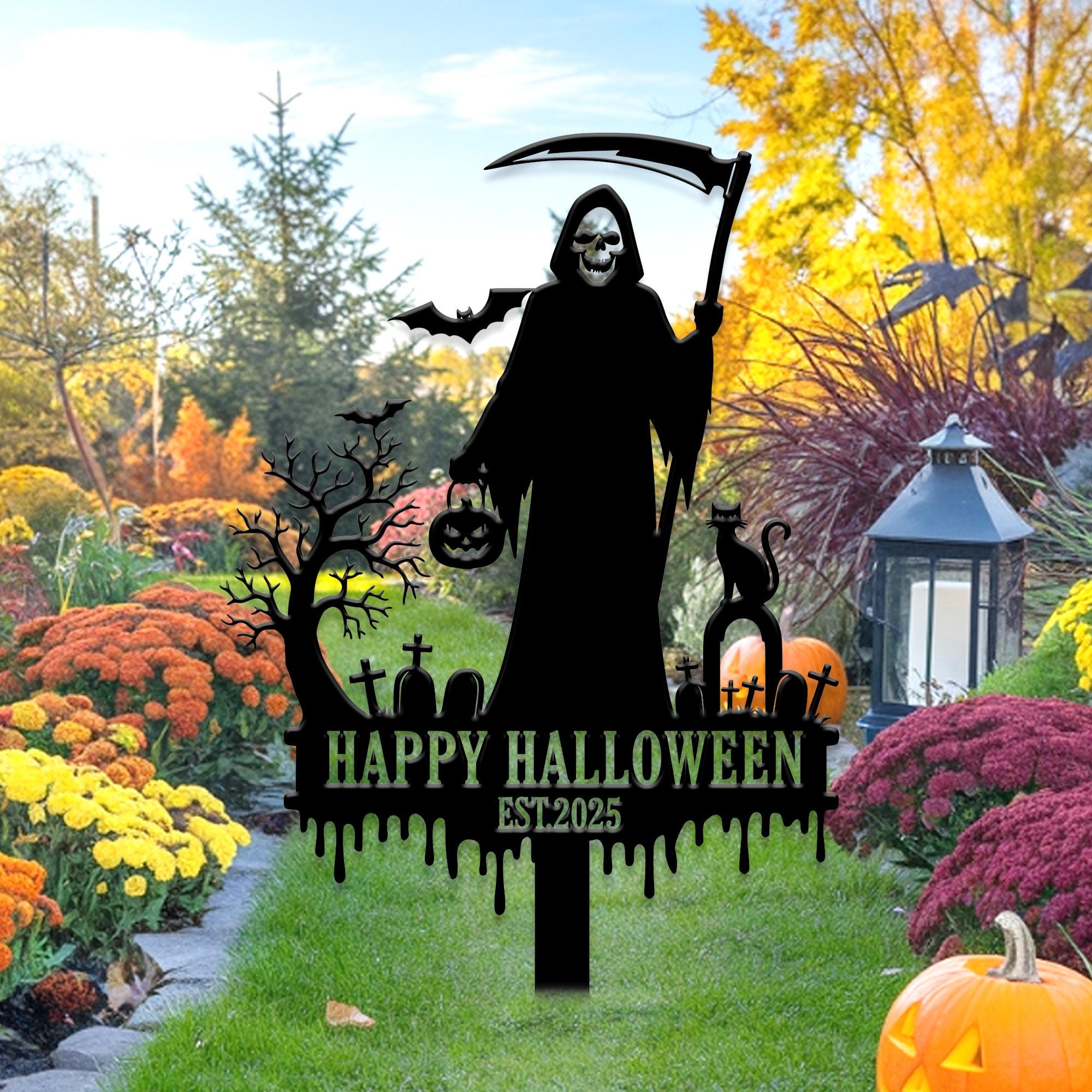 Custom Halloween Metal Sign – Spooky Outdoor Garden Decor, Personalized Halloween Yard decor, Creepy Yard Sign, Haunted House or Lawn Decor