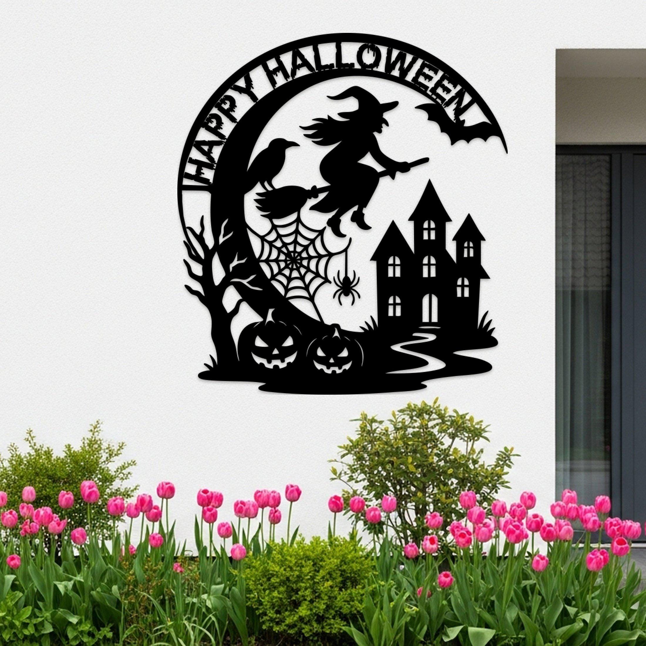 Custom Halloween Metal Wall Art, Haunted House Decor, Personalized Flying Witch Sign, Halloween Spider Art, Spooky Home Sign, Halloween Gift