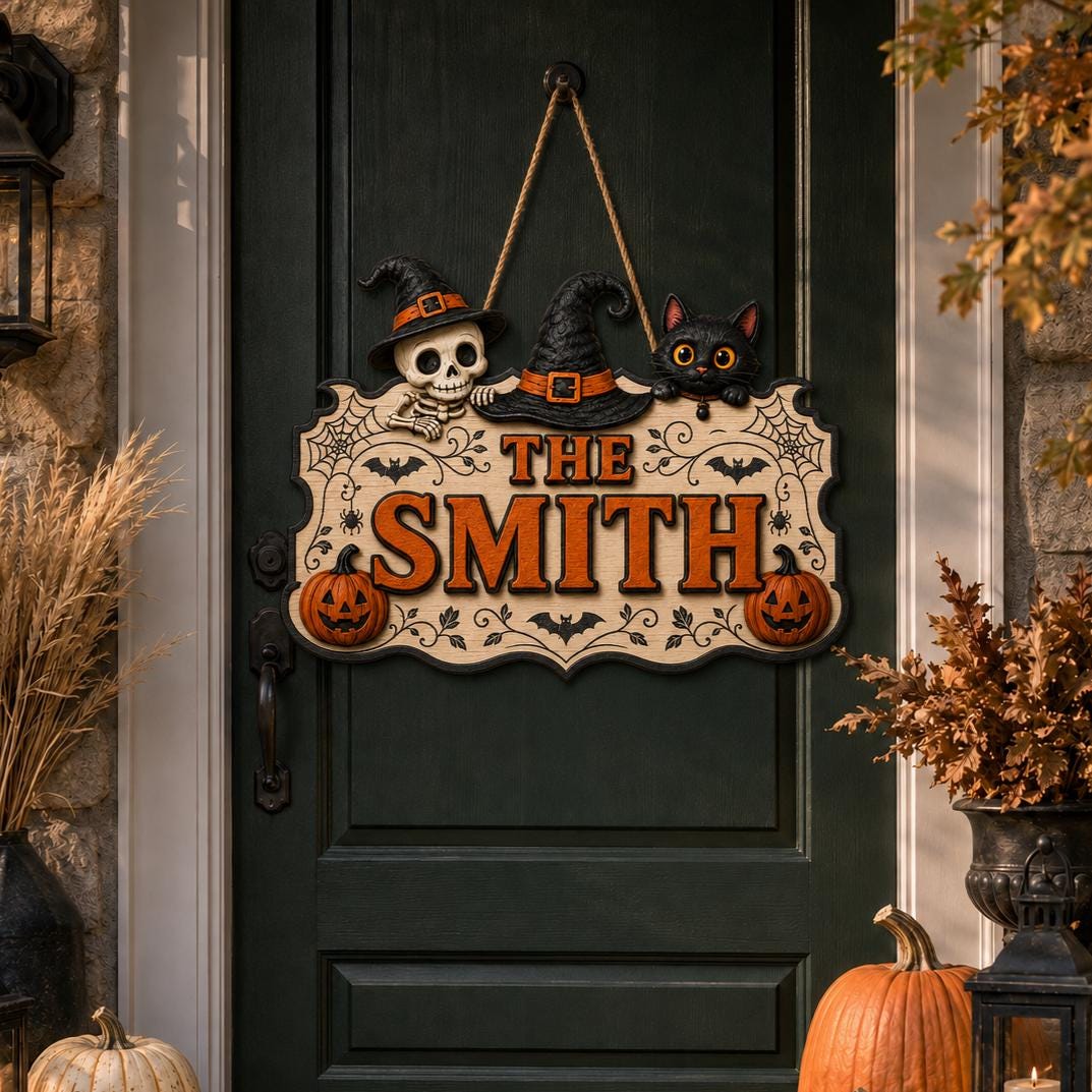 Personalized Halloween Door Sign, Custom Halloween Hanging Decorations, Custom Spooky Hanging Plaque with Black Cat, Skeleton & Pumpkins