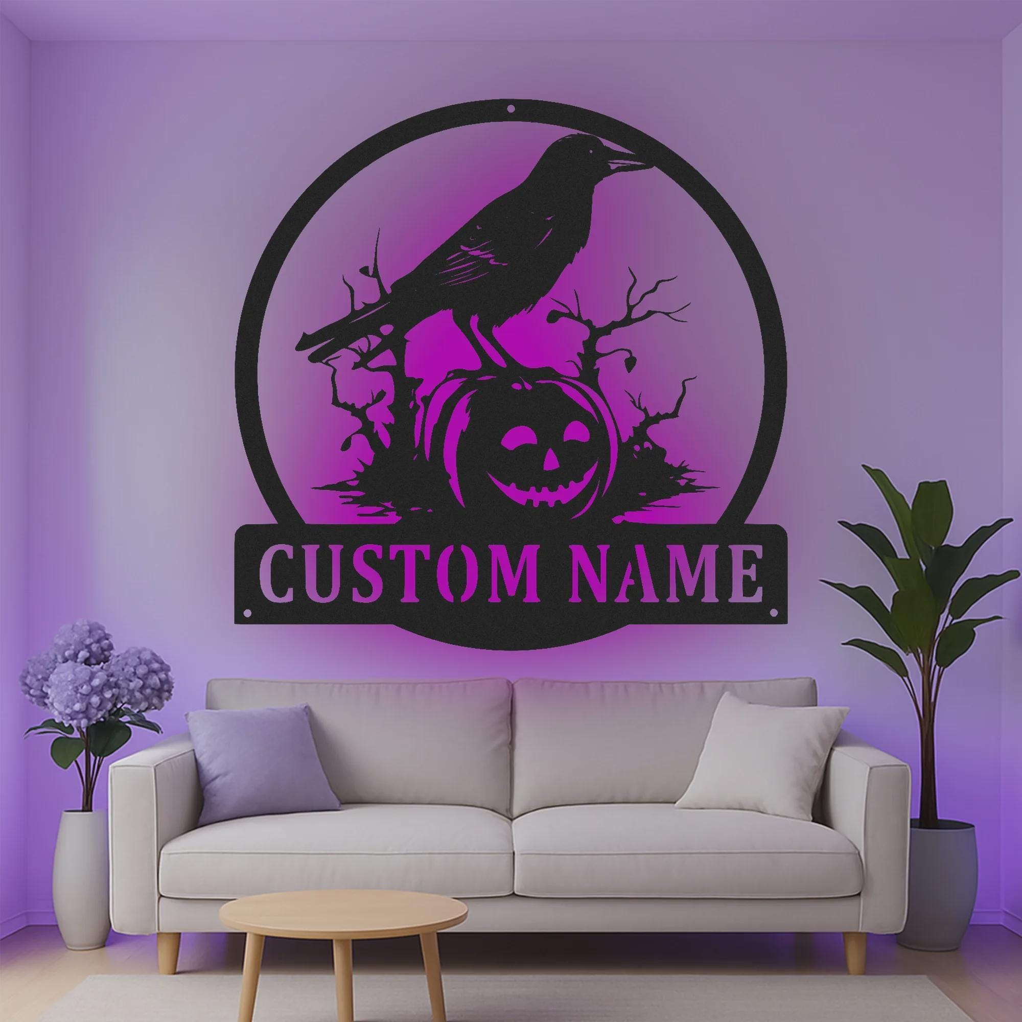 Custom Halloween Crow Pumpkin Metal Wall Art with LED Lights | Spooky Decor
