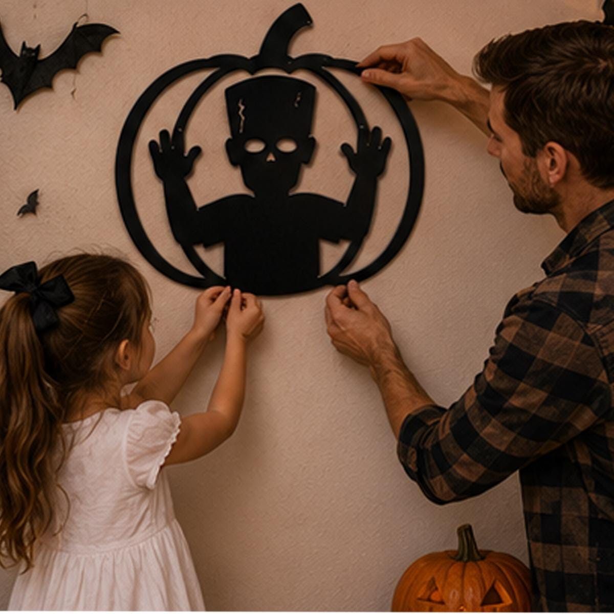 Halloween Metal Sign, Skeleton Pumpkin Wall Decor, Spooky Halloween Home Decoration, Gothic Pumpkin Sign, Halloween Party Decor