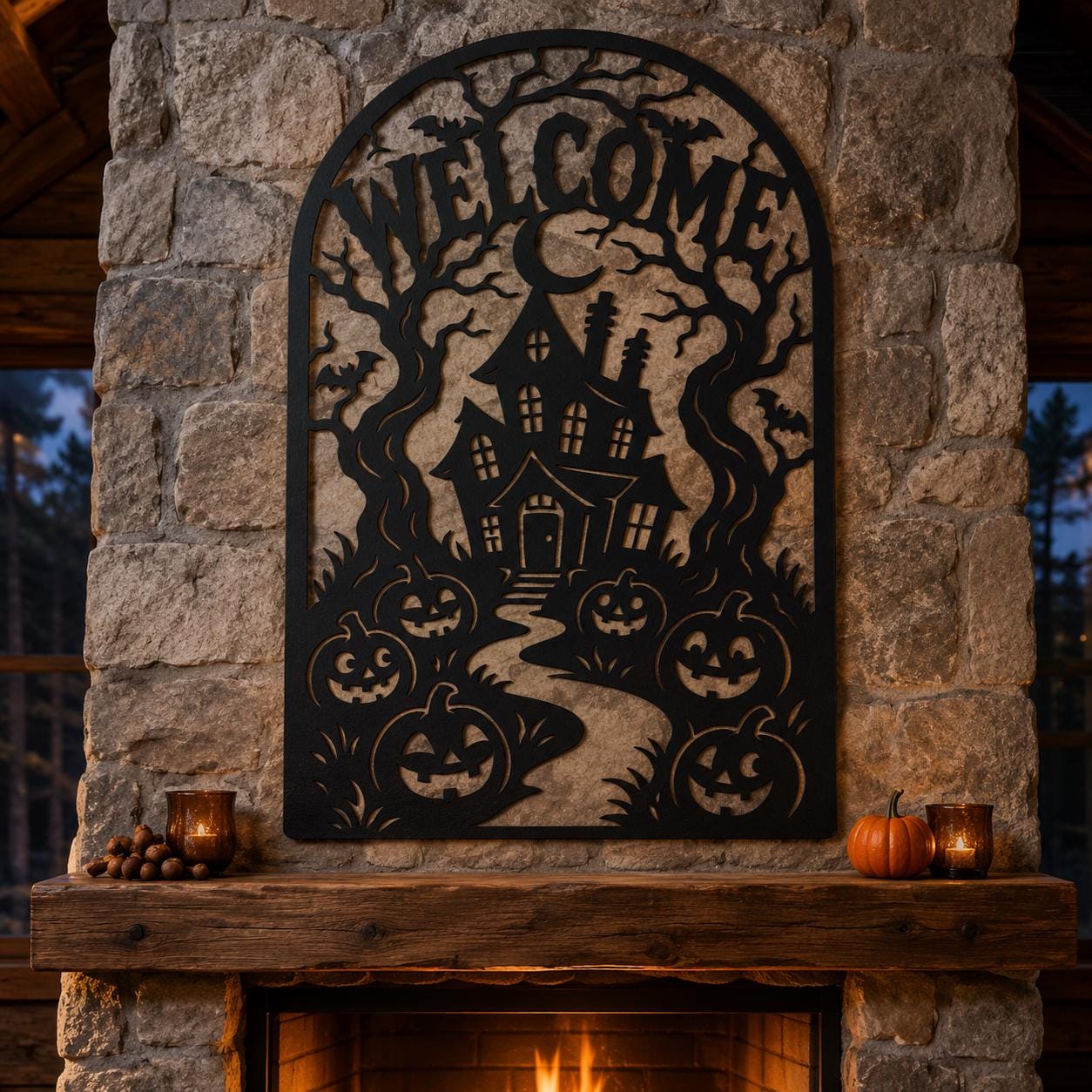 Haunted House Welcome Sign Laser SVG | Halloween DXF | Pumpkin Metal Art | Spooky Porch Decor | CNC Plasma Cut File