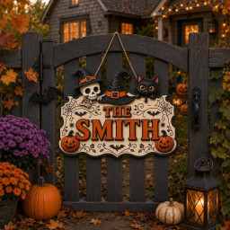 Personalized Halloween Door Sign, Custom Halloween Hanging Decorations, Custom Spooky Hanging Plaque with Black Cat, Skeleton & Pumpkins