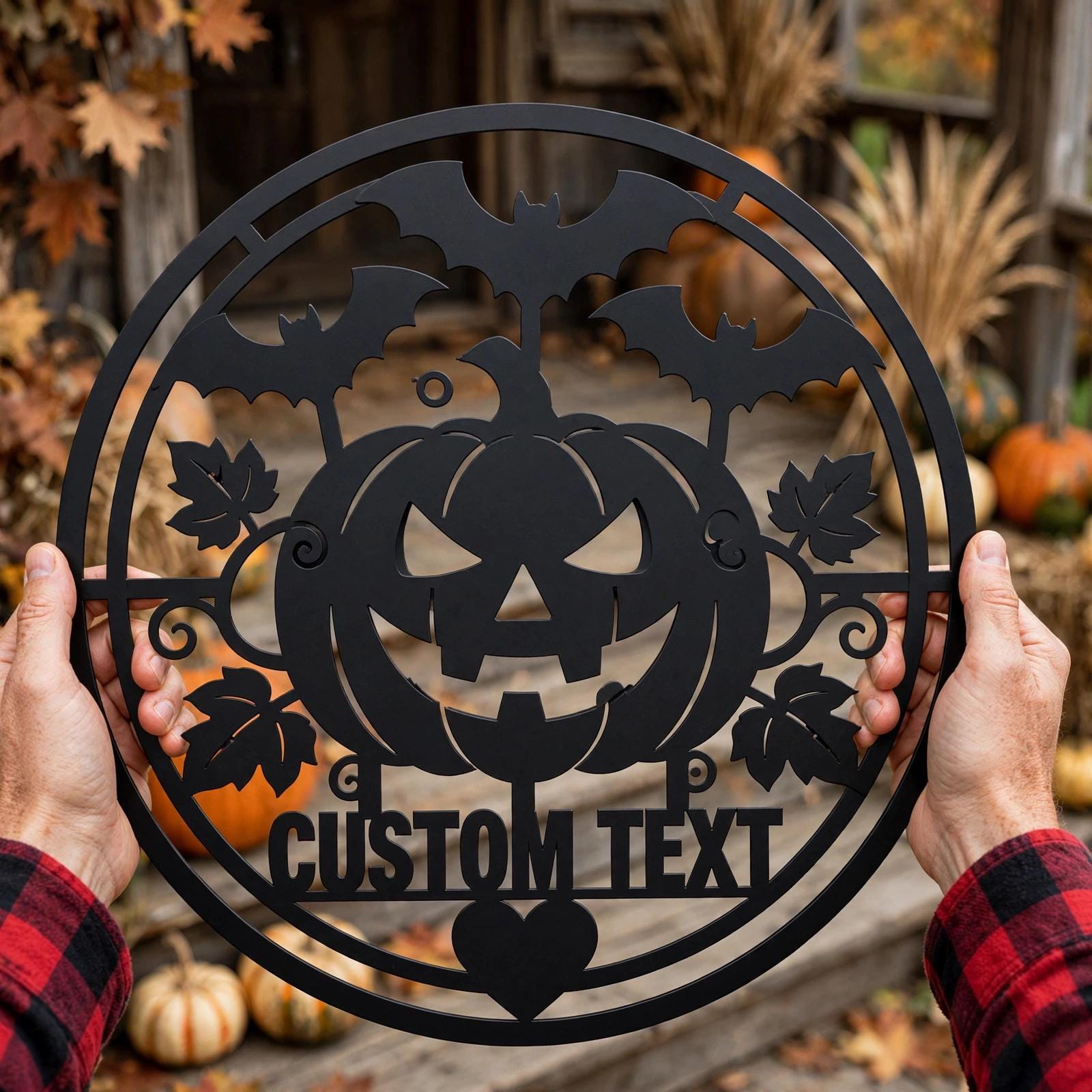 Personalized Halloween Metal Sign, Custom Name Jack O Lantern Bats Wall Art, Round Spooky Door Decor, Pumpkin Fall Porch Sign Gift