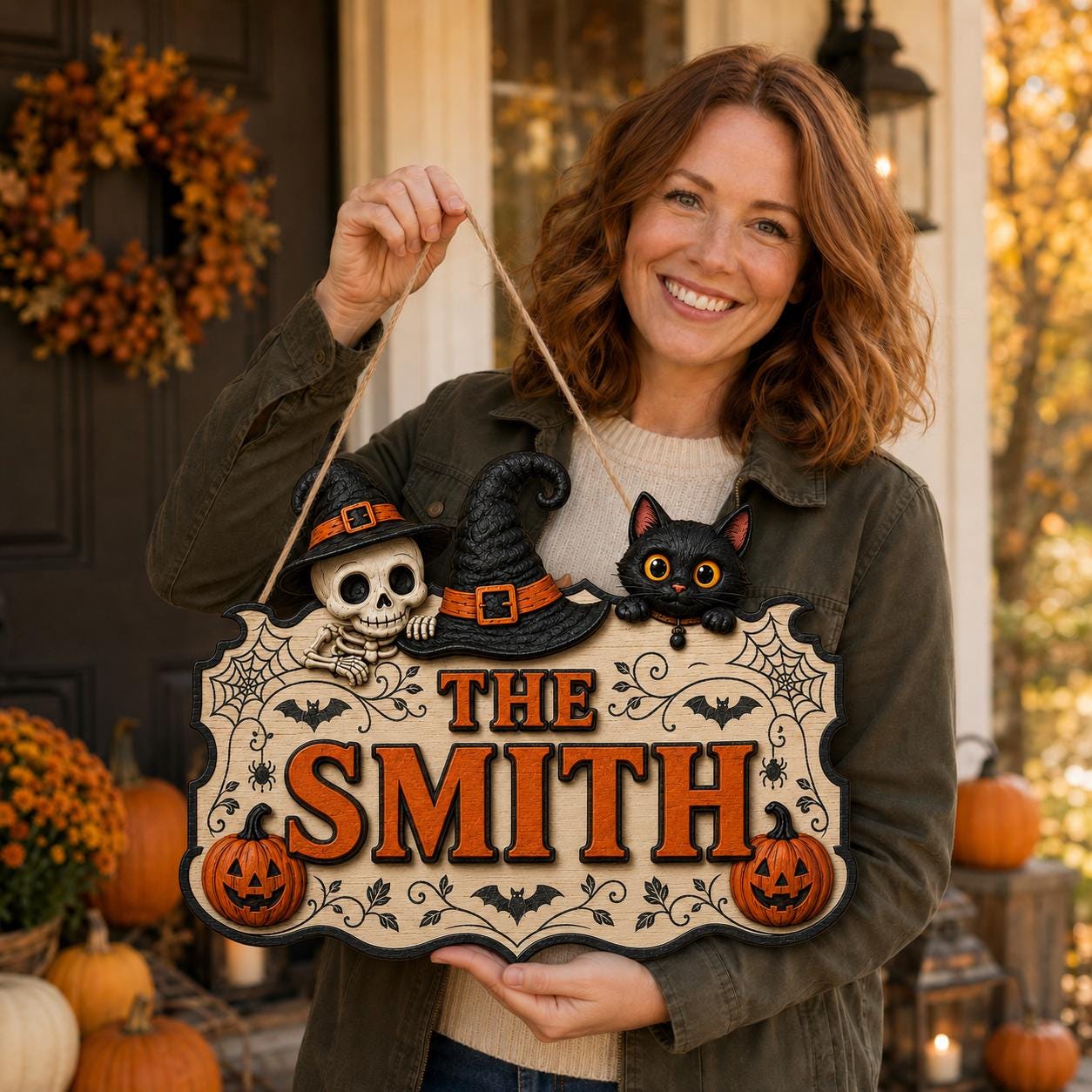Personalized Halloween Door Sign, Custom Halloween Hanging Decorations, Custom Spooky Hanging Plaque with Black Cat, Skeleton & Pumpkins