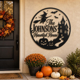 Personalized Haunted House Metal Sign, Custom Family Halloween Wall Decor, Witch Pumpkin Porch Sign, Spooky Round Metal Art