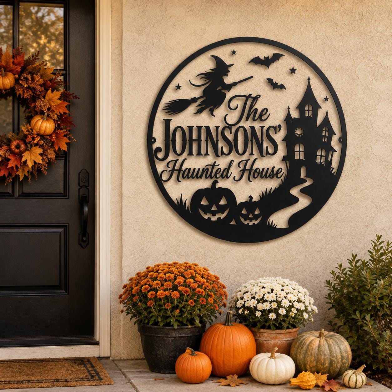 Personalized Haunted House Metal Sign, Custom Family Halloween Wall Decor, Witch Pumpkin Porch Sign, Spooky Round Metal Art