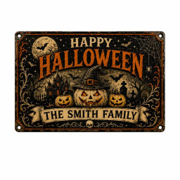 Personalized Halloween Metal Sign, Custom Family Name Yard Sign, Vintage Pumpkin Witch Garden Decor, Outdoor Halloween Decoration Gift