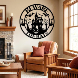 Halloween Gift Beware The Bats Halloween Metal Sign, Spooky Haunted House Bat Pumpkin Metal Wall Art, Indoor Farmhouse Halloween Home Decor