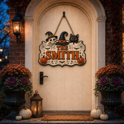 Personalized Halloween Door Sign, Custom Halloween Hanging Decorations, Custom Spooky Hanging Plaque with Black Cat, Skeleton & Pumpkins