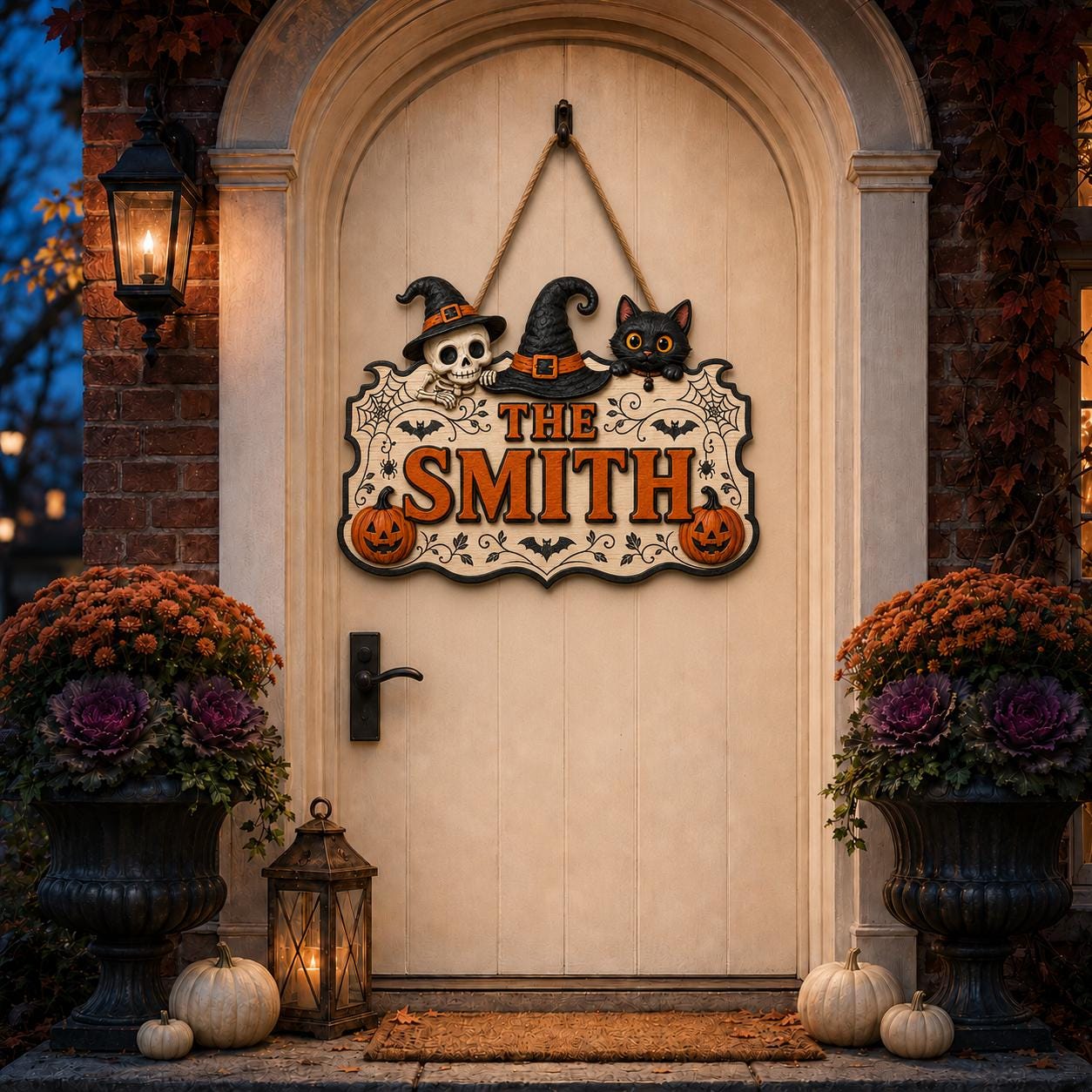 Personalized Halloween Door Sign, Custom Halloween Hanging Decorations, Custom Spooky Hanging Plaque with Black Cat, Skeleton & Pumpkins