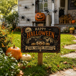 Personalized Halloween Metal Sign, Custom Family Name Yard Sign, Vintage Pumpkin Witch Garden Decor, Outdoor Halloween Decoration Gift