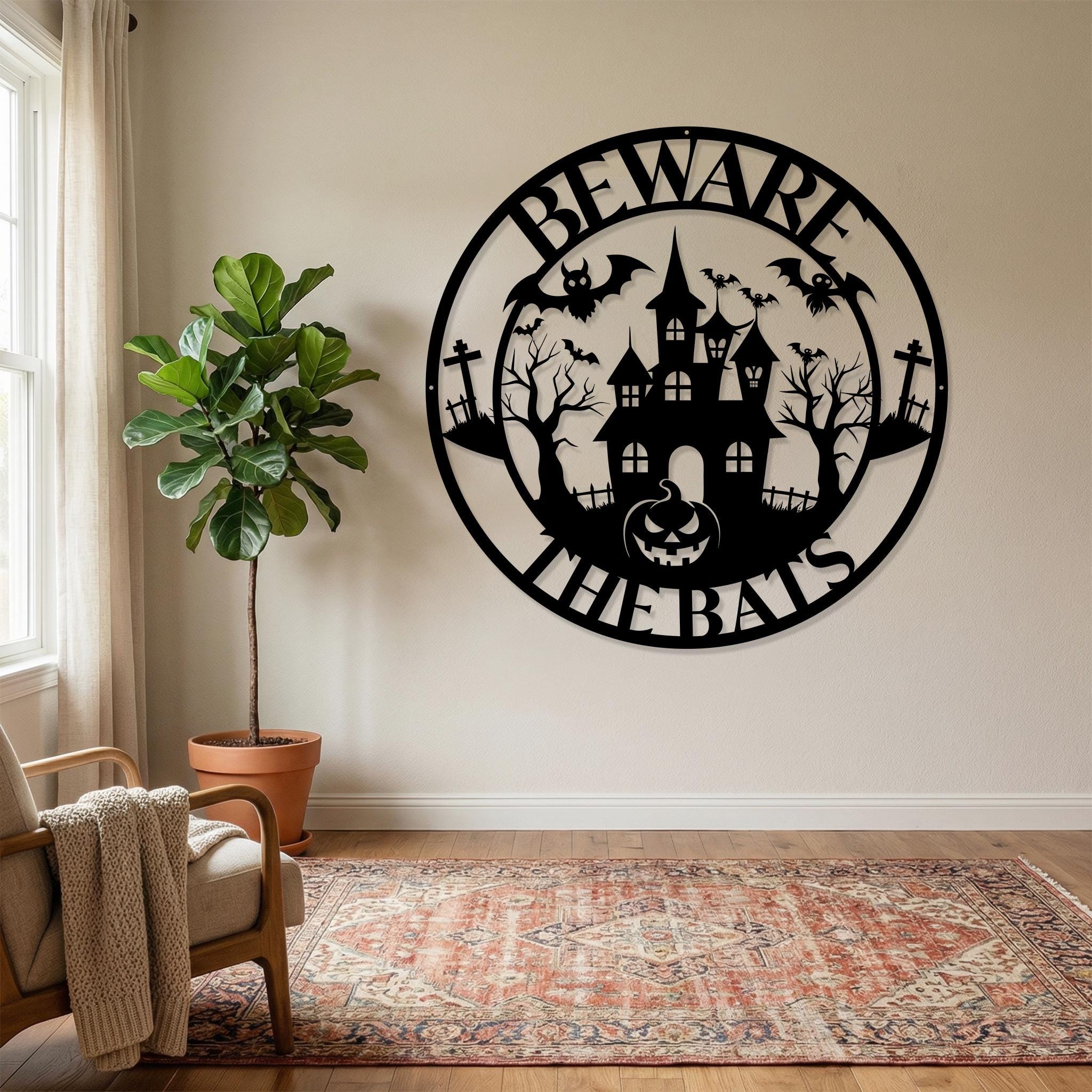 Halloween Gift Beware The Bats Halloween Metal Sign, Spooky Haunted House Bat Pumpkin Metal Wall Art, Indoor Farmhouse Halloween Home Decor