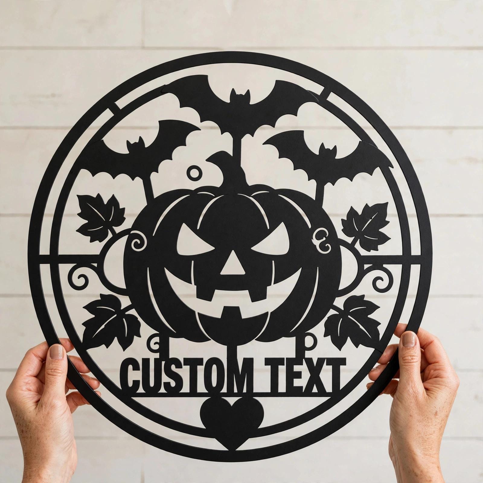 Personalized Halloween Metal Sign, Custom Name Jack O Lantern Bats Wall Art, Round Spooky Door Decor, Pumpkin Fall Porch Sign Gift