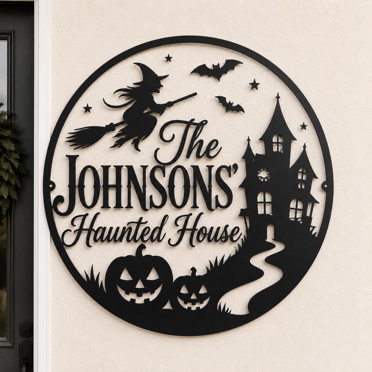 Personalized Haunted House Metal Sign, Custom Family Halloween Wall Decor, Witch Pumpkin Porch Sign, Spooky Round Metal Art
