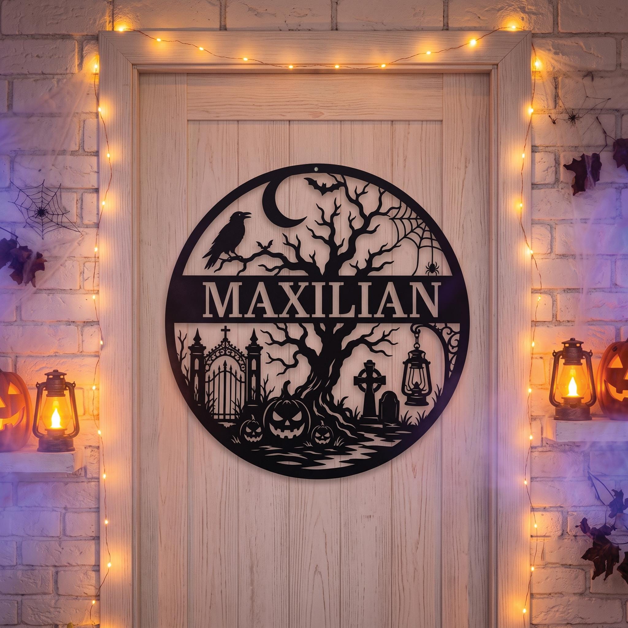 Custom LED Metal Sign, Personalized Halloween Name Decor, Spooky Cemetery Wall Art, Glowing Pumpkin Plaque, Gothic Family Gift